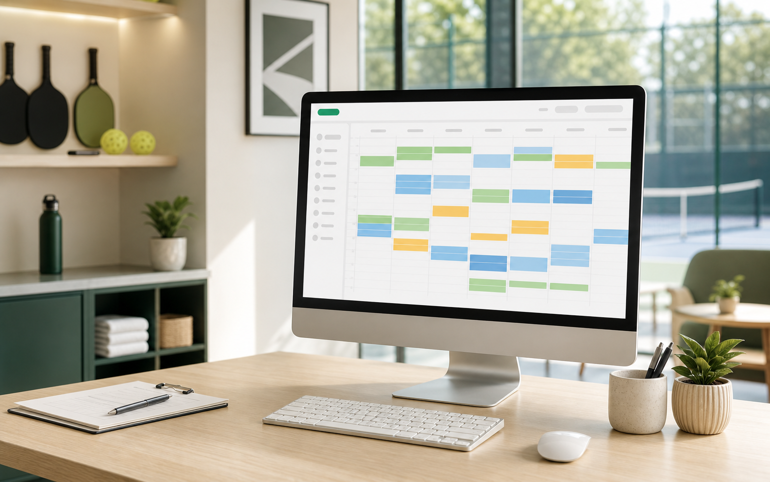 CourtBase HQ court operations dashboard in a bright modern pickleball facility office